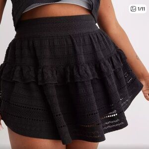 aerie Black Ruffled Crochet Skater Mini Skirt
